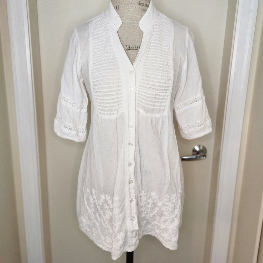 White Cotton Crochet Embroidered Tunic Blouse